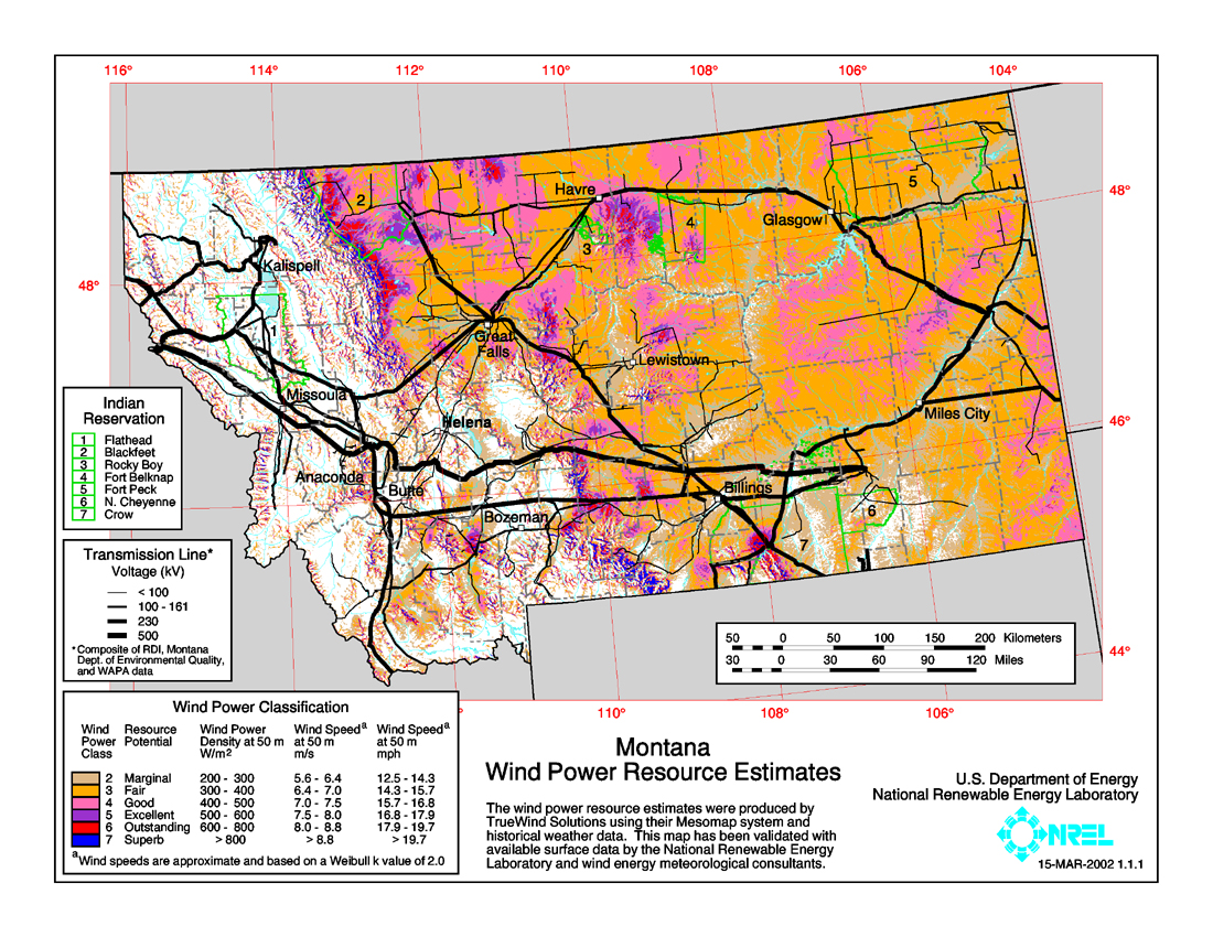 Wind Power Resource Map Montana