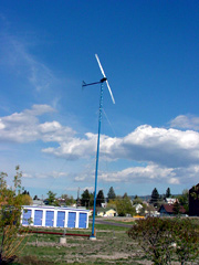A Whisper 175 wind turbine quietly turns White Sulphur Springs breezes into electricity at Spa Hot Springs.