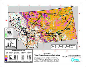 This map of Montana shows the wind resource at 50 meters. Click on the image to view a larger version.